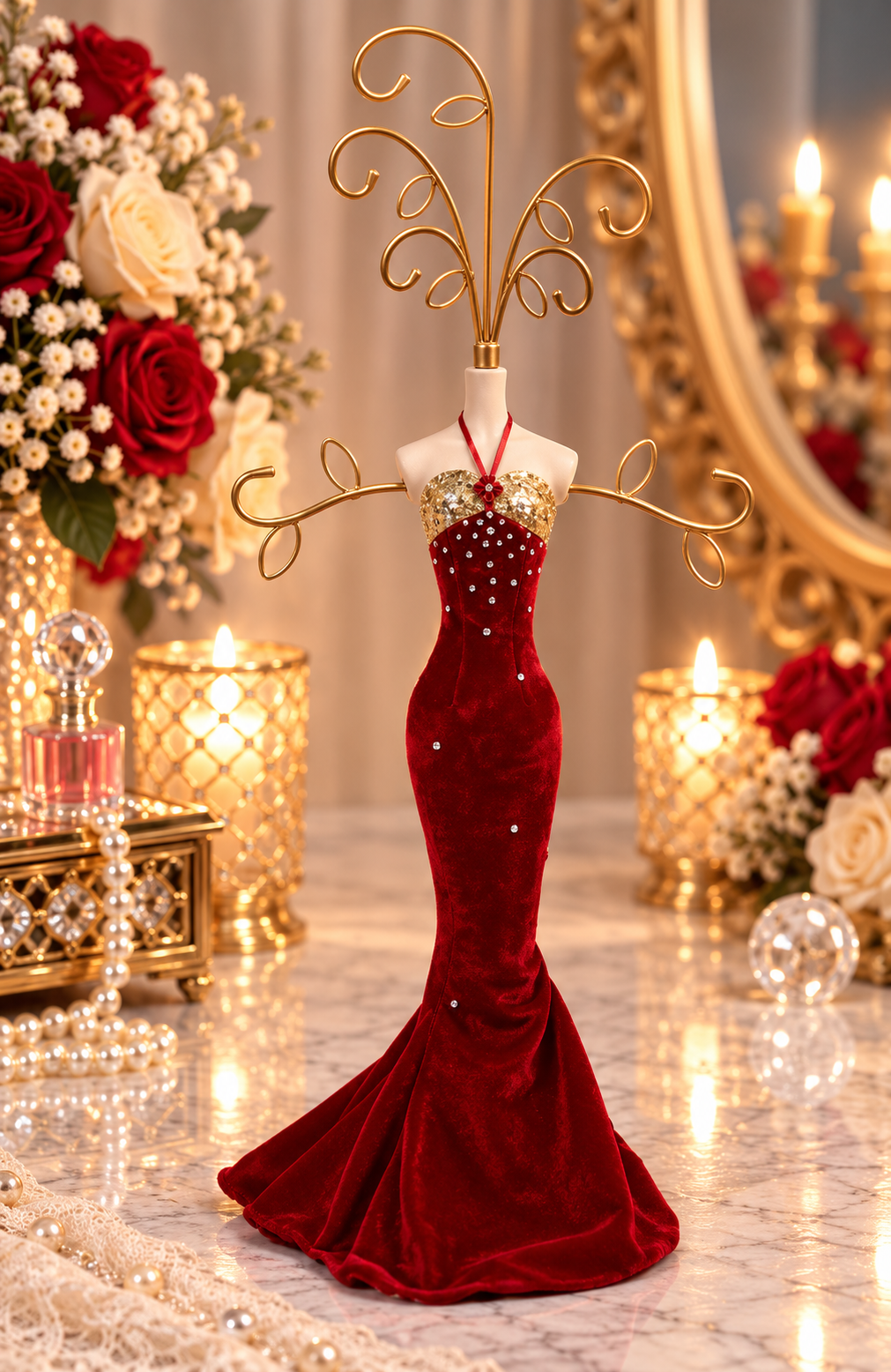 Leeber Giftware Red & Gold Rhinestone Evening Gown Jewelry Holder Stand