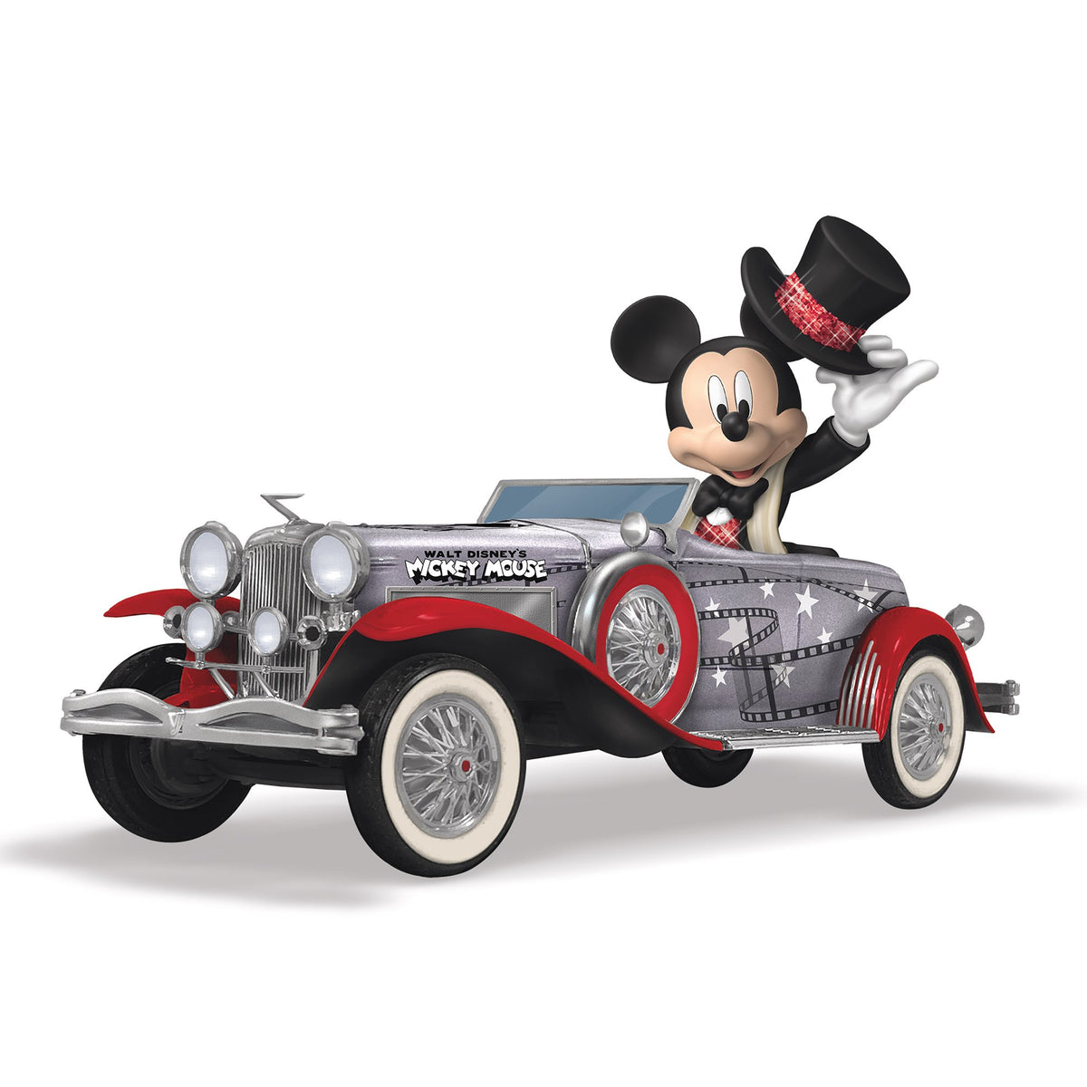 Mickey Mouse tipping his hat in the Legend and Luxury vintage car