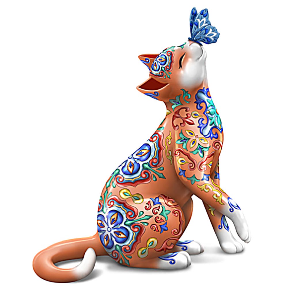 Paws-itively Playful colourful Talavera-inspired cat with butterfly