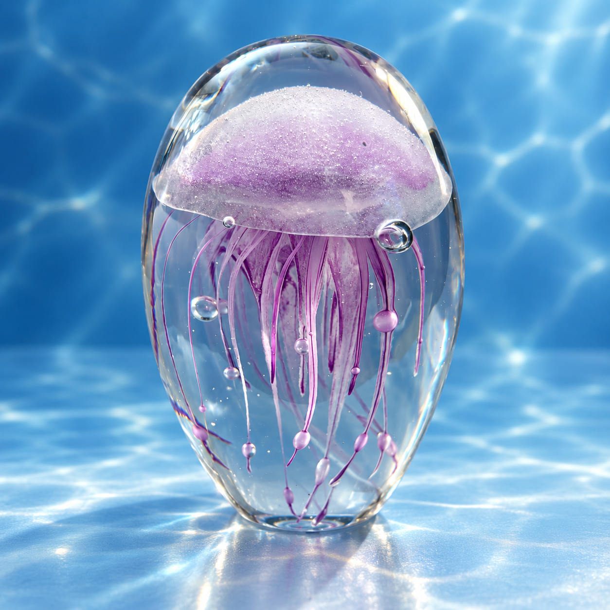 Lavender purple jellyfish glass paperweight on ocean-blue background, shown in normal light