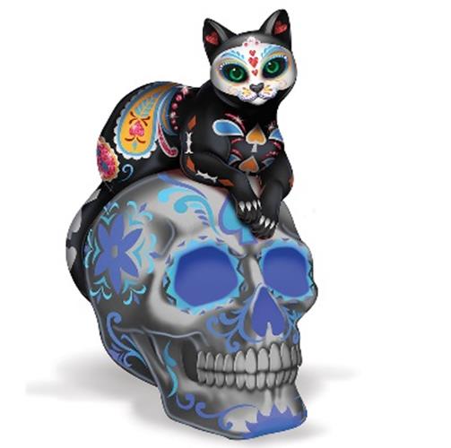 PURR-CIOUS LOVING SPIRIT Sugar Skull Cat Sitting on Skull Bradford Exchange