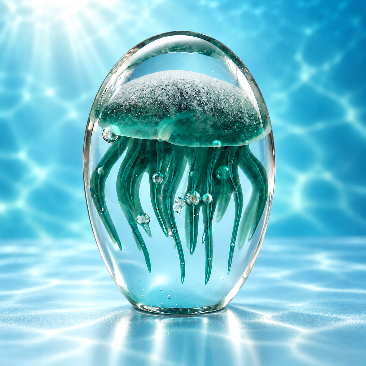 Teal glow-in-the-dark jellyfish glass paperweight in normal light on ocean-blue background