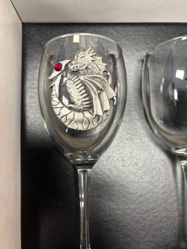 Dragon Wine Glasses set of two Pewter Dragon Emblem Fantasy