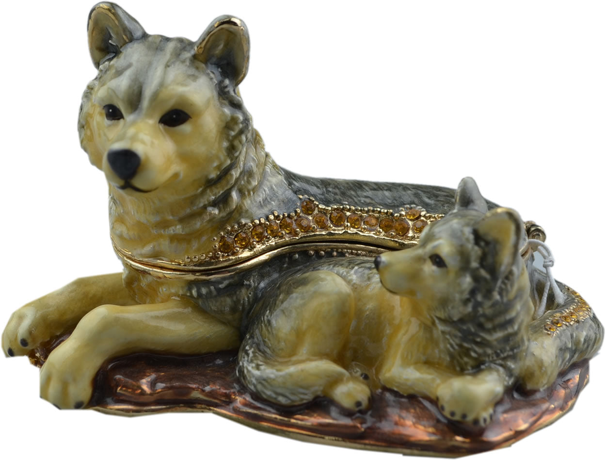 Wolf and Cub Enameled Trinket Box Hidden Treasures with Necklace