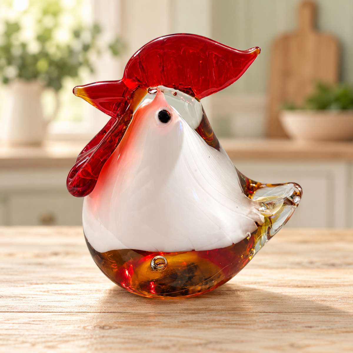 White glass rooster with amber base and red comb on a farmhouse kitchen background