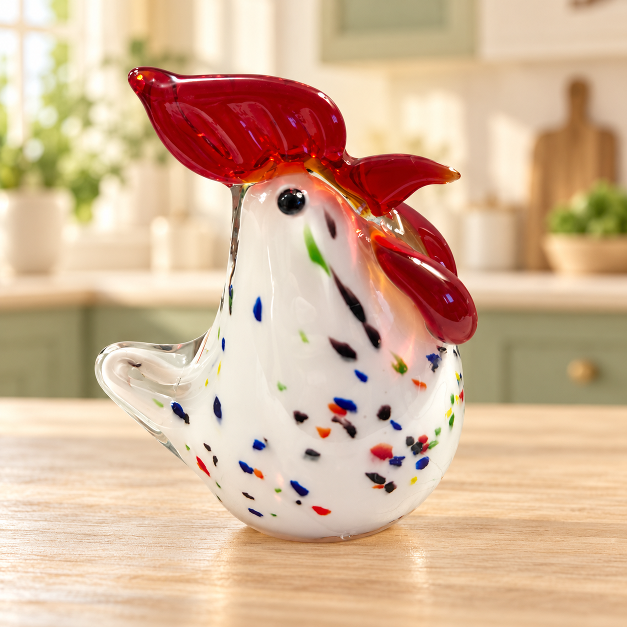 White glass rooster with multicoloured confetti flecks and ruby red comb on farmhouse kitchen background